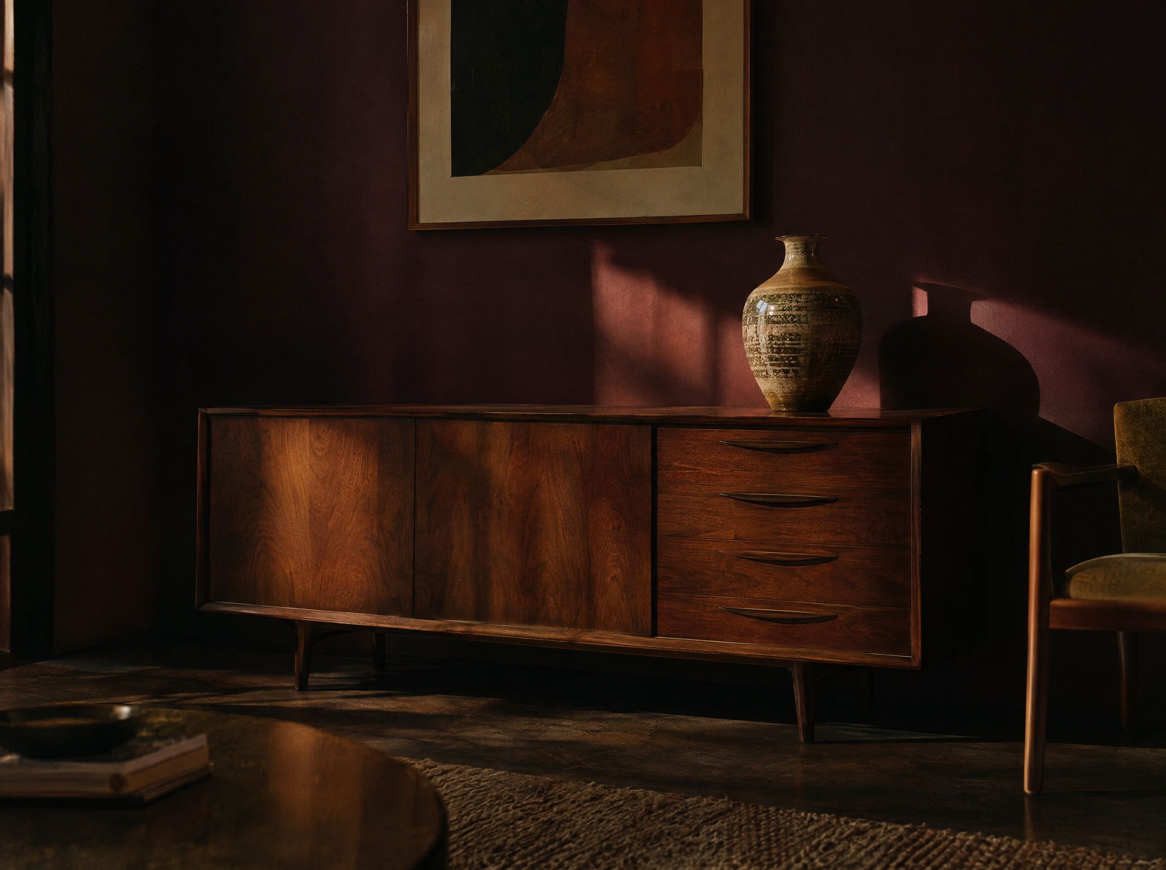 Komoda vintage z ceramicznym wazonem i obrazem w stylu mid-century